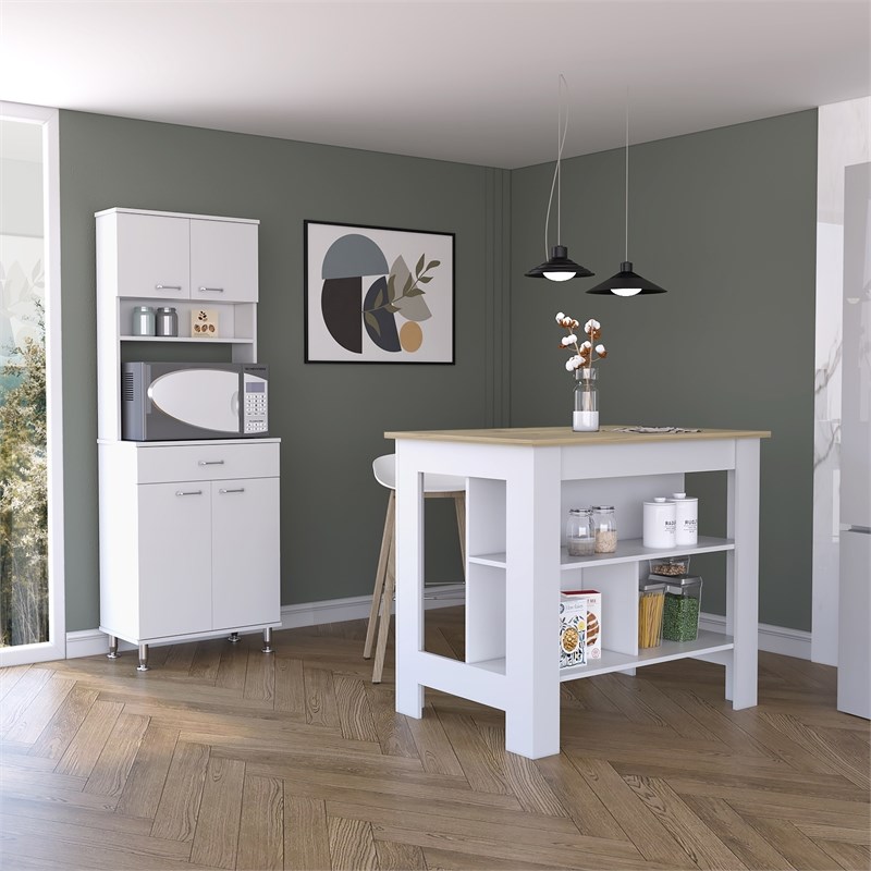 Pemberly Row 2 Piece Kitchen Set Island and Pantry in Multi-Color