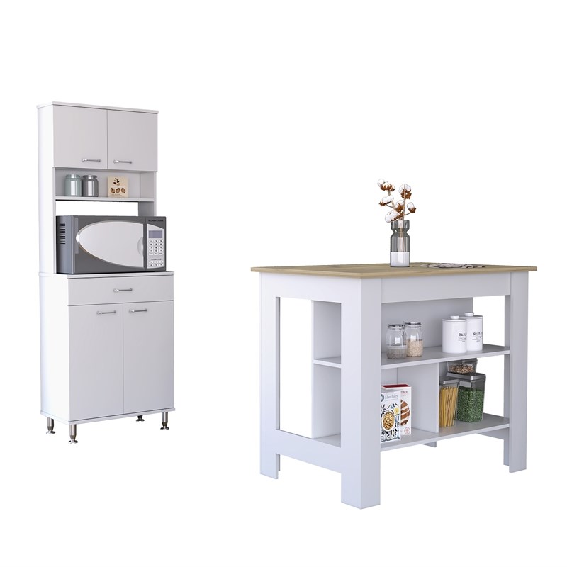 Pemberly Row 2 Piece Kitchen Set Island and Pantry in Multi-Color