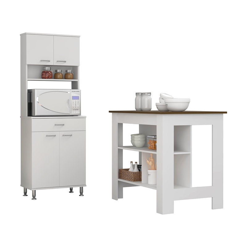 Pemberly Row 2 Piece Kitchen Set Island and Pantry in Multi-Color