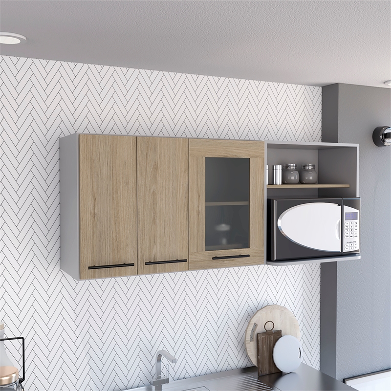 Pemberly Row Kitchen Wall Cabinet with Glass Door in Light Pine