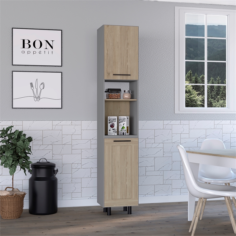 Pemberly Row Kitchen Pantry 82in High in Light Pine and White