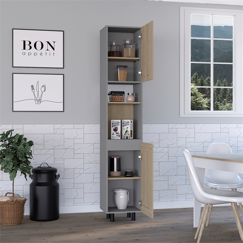 Pemberly Row Kitchen Pantry 82in High in Light Pine and White
