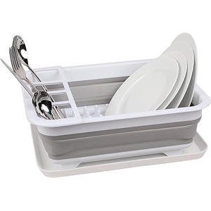 Pemberly Row Foldable Plastic Dish Drying Rack in White and Gray