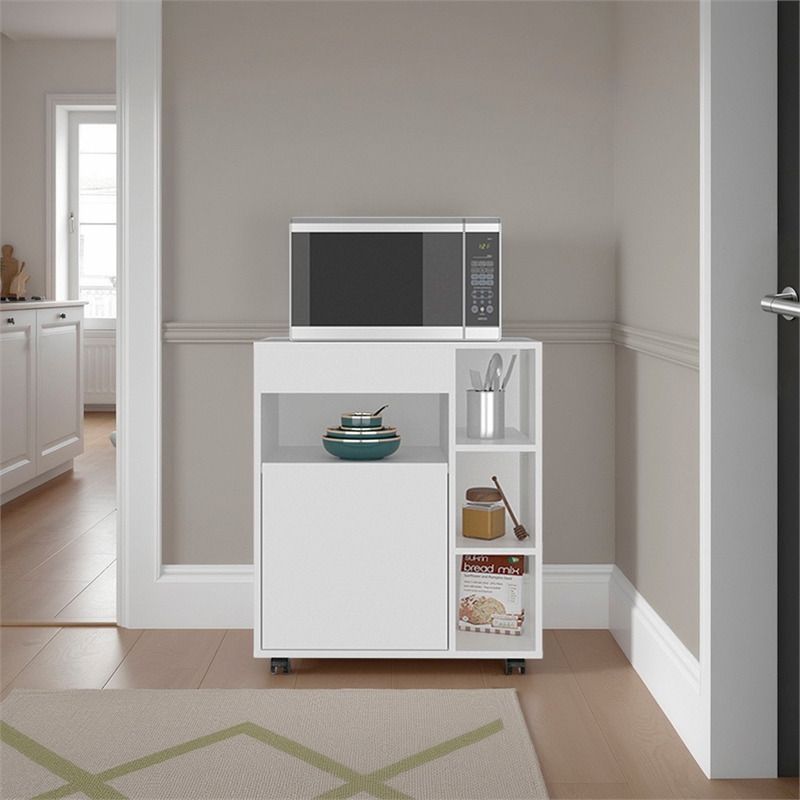 Pemberly Row Mobile Microwave Cart with One Door Cabinet in White