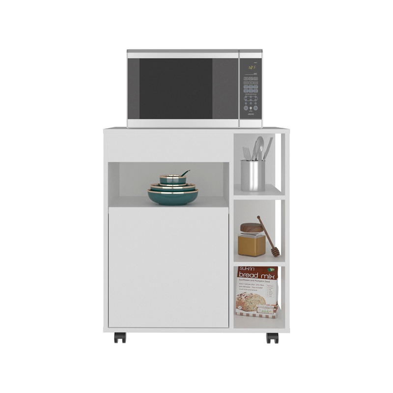 Pemberly Row Mobile Microwave Cart with One Door Cabinet in White