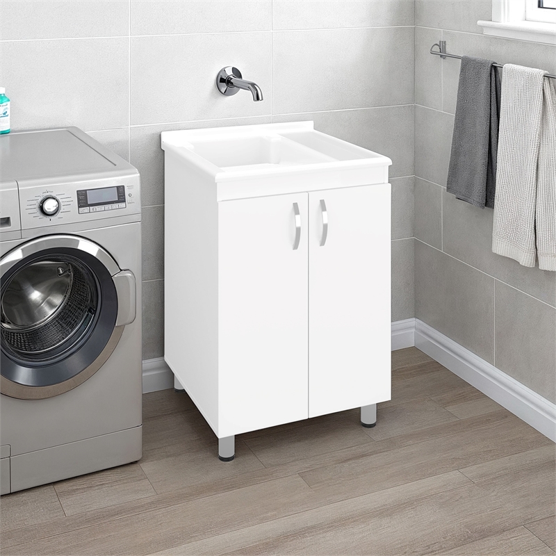 Pemberly Row 2 Door Laundry Utility Tub and Sink Cabinet in White