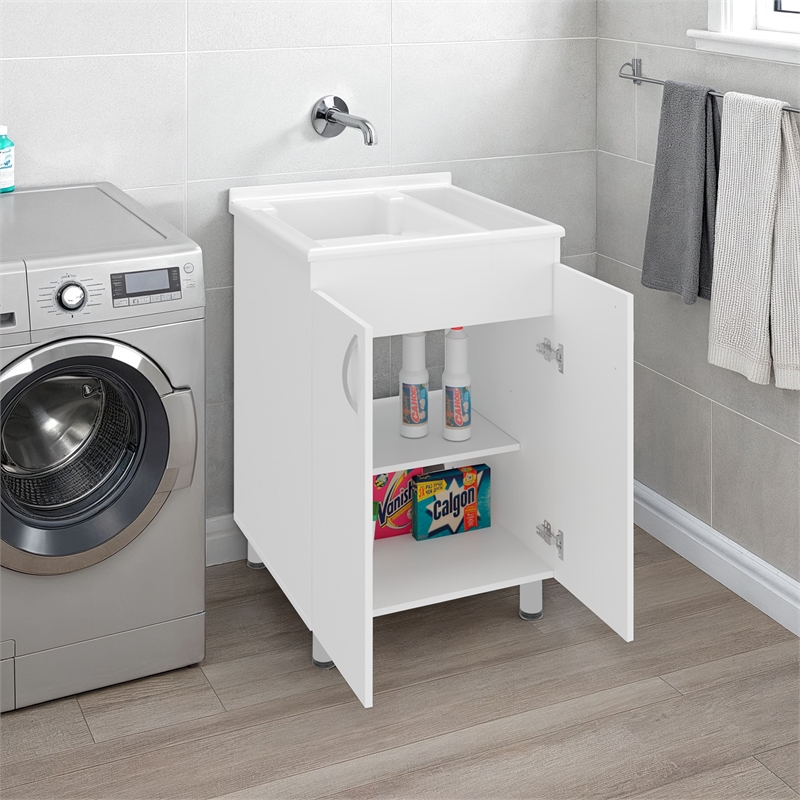 Pemberly Row 2 Door Laundry Utility Tub and Sink Cabinet in White