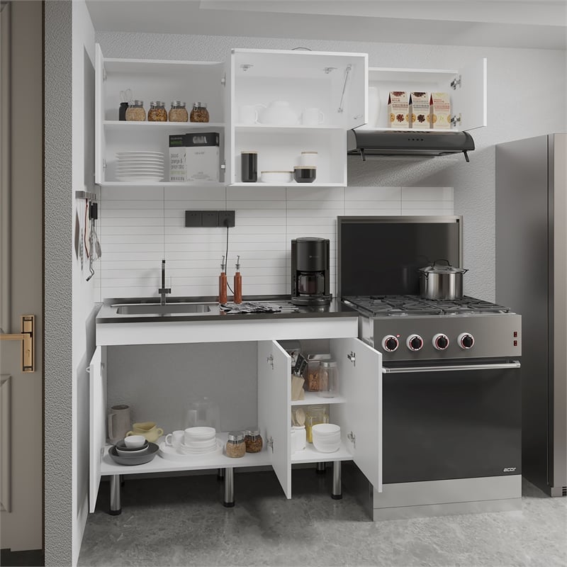 Pemberly Row Kitchen Cabinet Set with Stainless Utility Sink in White