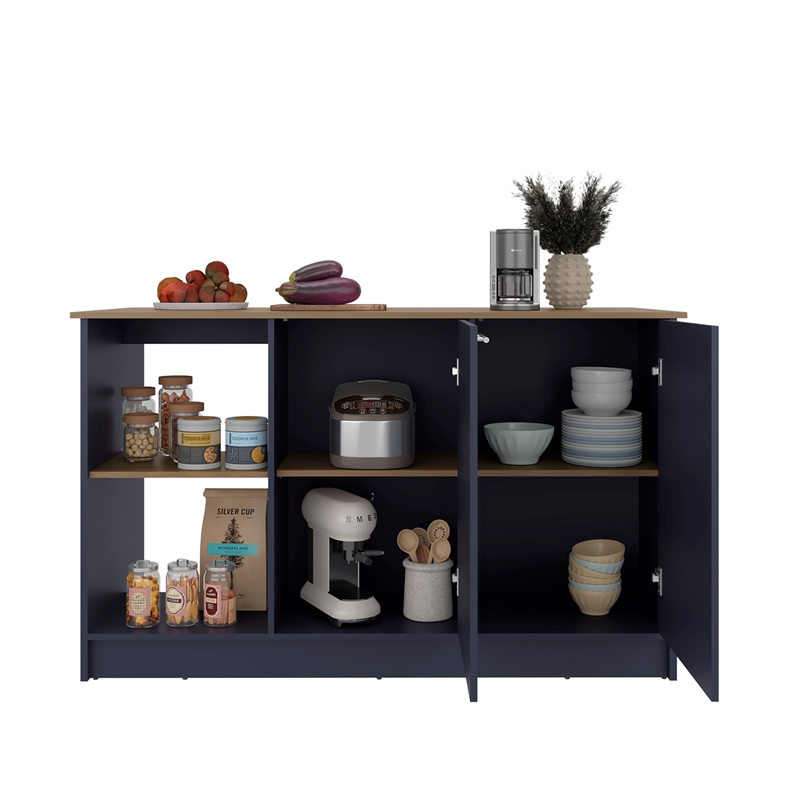Pemberly Row Kitchen Island with Double Door Cabinet 59in in Multi-Color