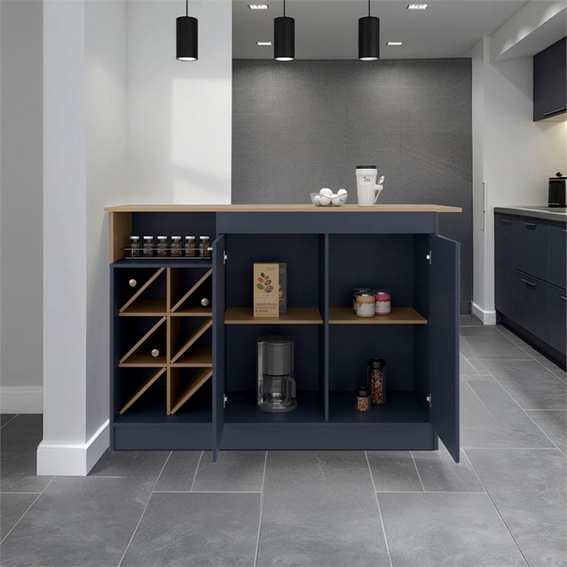 Pemberly Row Kitchen Island with Open Shelves in Natural Oak and Blue
