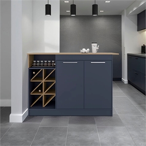 Pemberly Row Kitchen Island with Open Shelves in Natural Oak and Blue