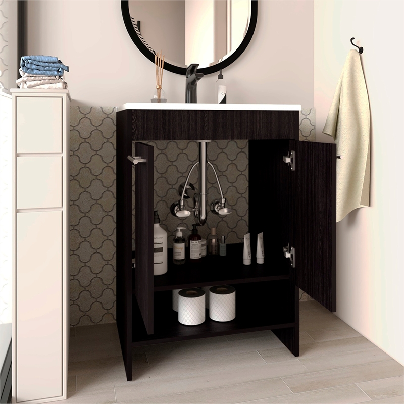 Pemberly Row Floor Bathroom Vanity with Drawers and Shelves in Black