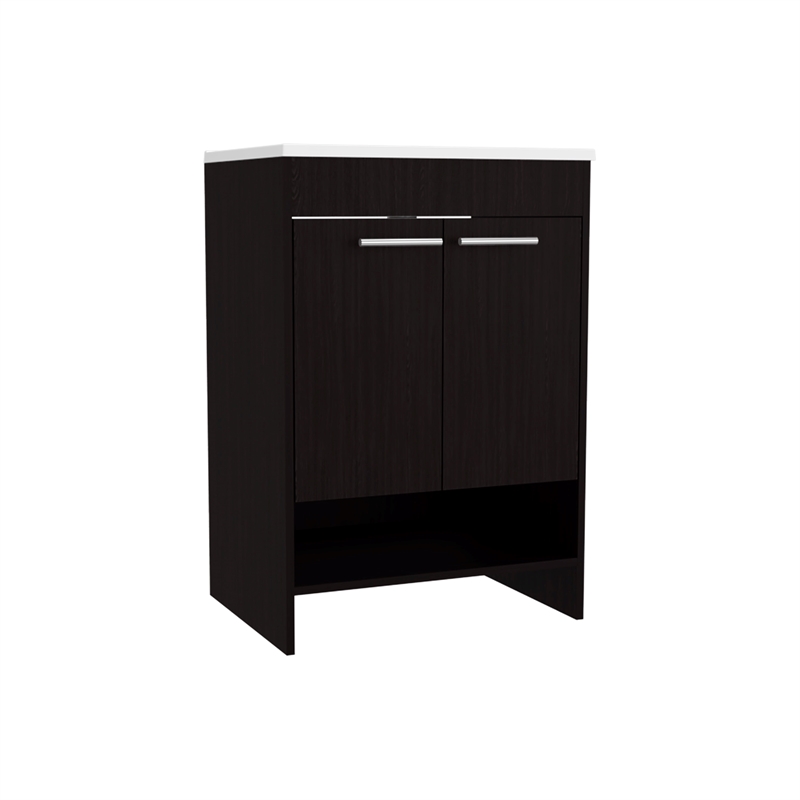 Pemberly Row Floor Bathroom Vanity with Drawers and Shelves in Black