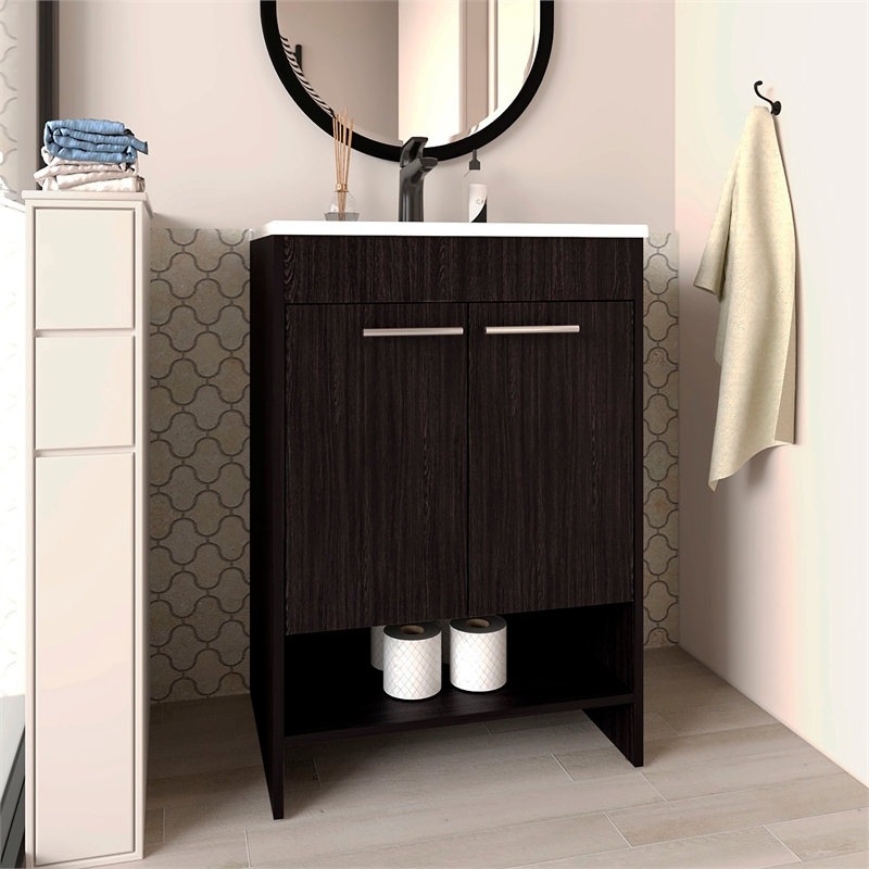 Pemberly Row Floor Bathroom Vanity with Drawers and Shelves in Black