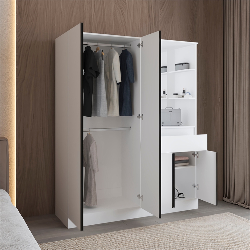 Pemberly Row Double Door Armoire with Hanging Rod and Shelves in White
