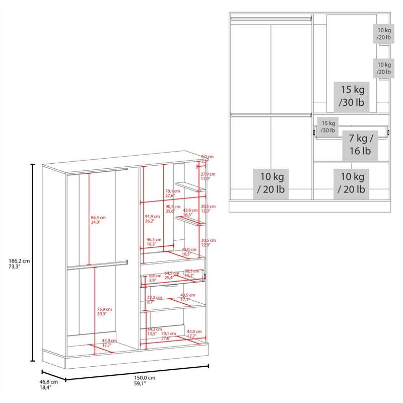 Pemberly Row Double Door Armoire with Hanging Rod and Shelves in White
