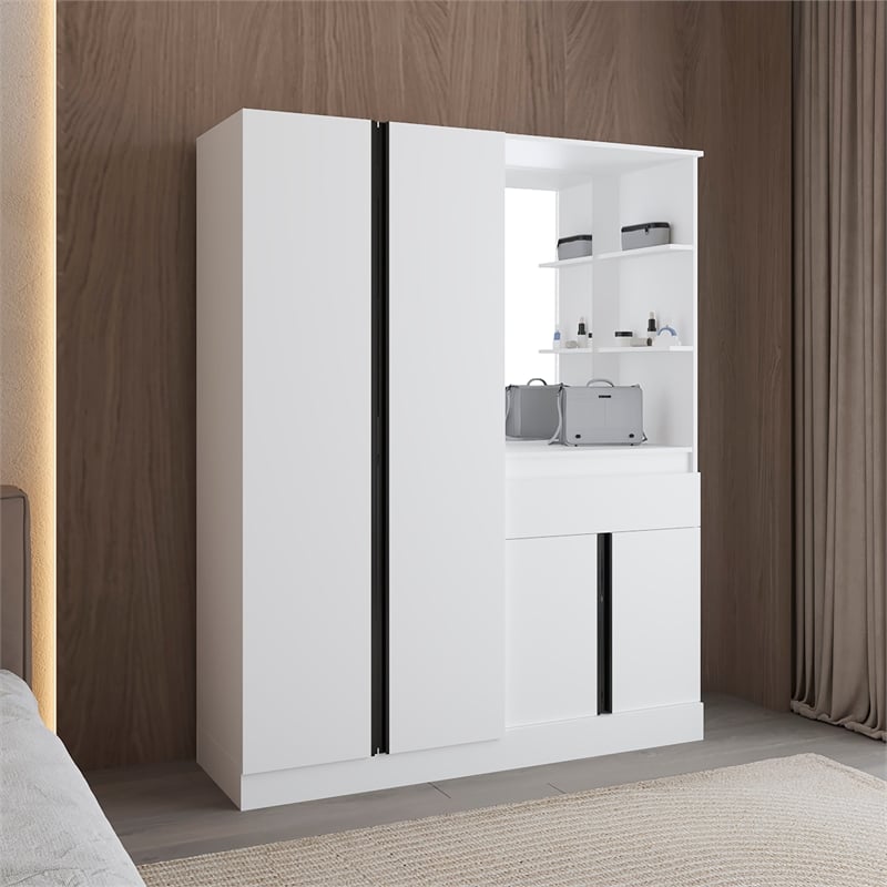 Pemberly Row Double Door Armoire with Hanging Rod and Shelves in White