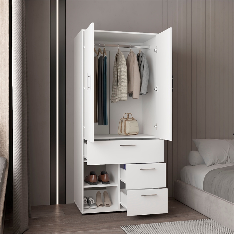Pemberly Row Tall Double Door Wardrobe Armoire with Hanging Rod in White