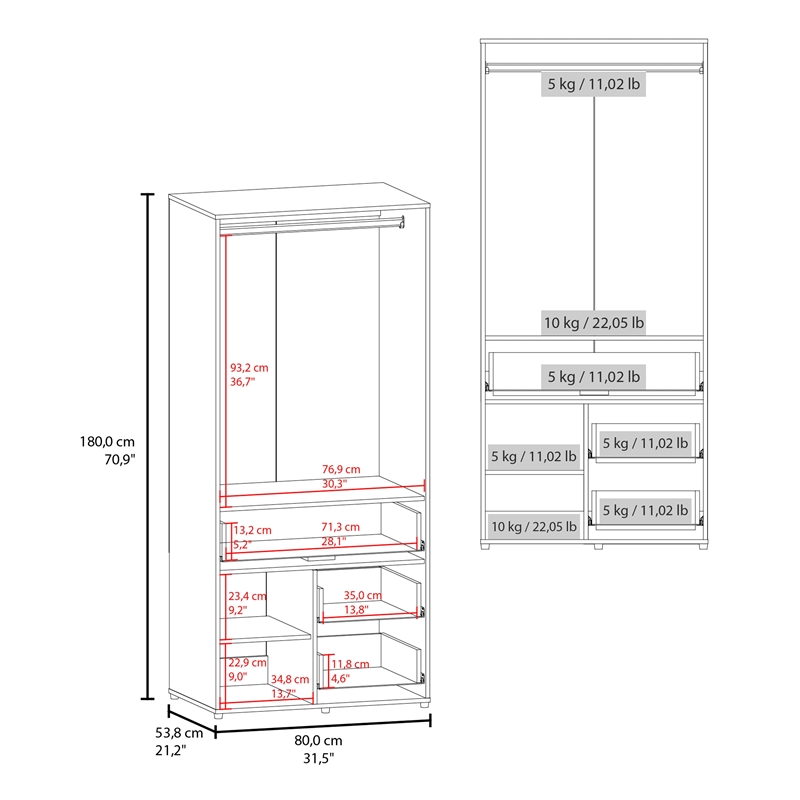 Pemberly Row Tall Double Door Wardrobe Armoire with Hanging Rod in White
