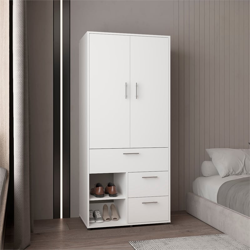 Pemberly Row Tall Double Door Wardrobe Armoire with Hanging Rod in White
