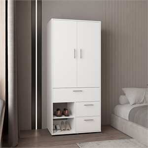 Pemberly Row Tall Double Door Wardrobe Armoire with Hanging Rod in White