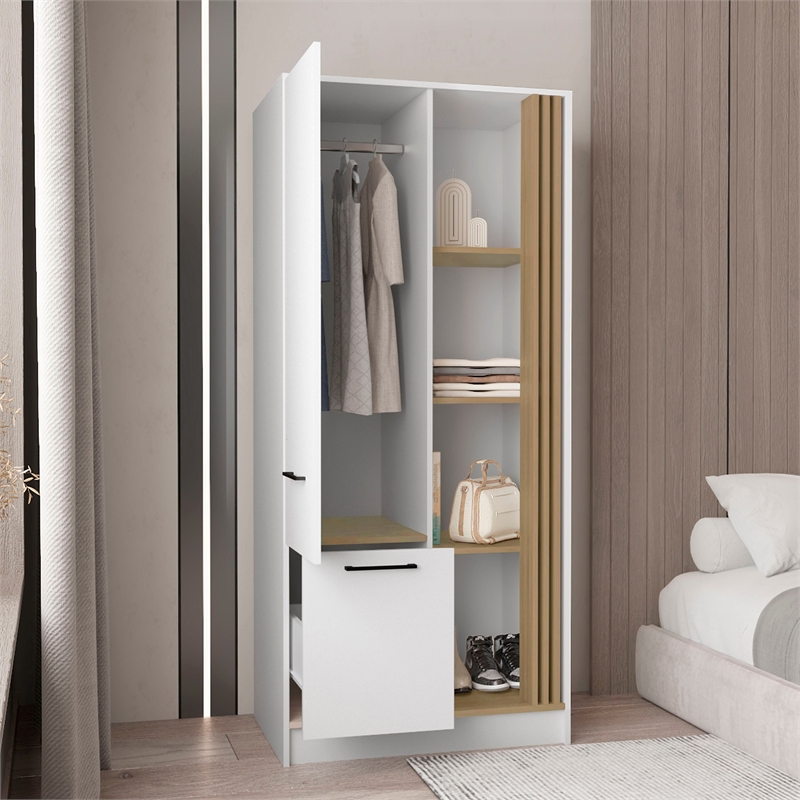 Pemberly Row Tall Double Door Wardrobe Armoire with Shelves in Beige