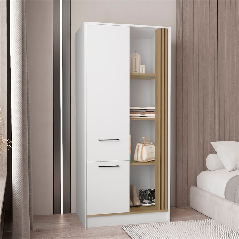 Pemberly Row Tall Double Door Wardrobe Armoire with Shelves in Beige