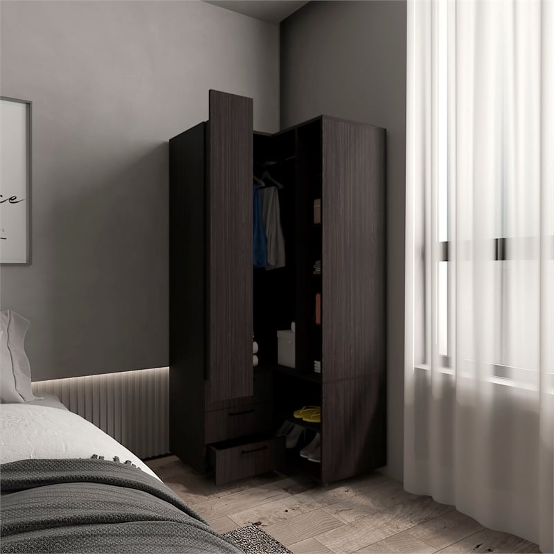 Pemberly Row Corner Wardrobe Armoire with Double Doors in Black