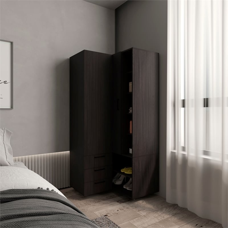 Pemberly Row Corner Wardrobe Armoire with Double Doors in Black