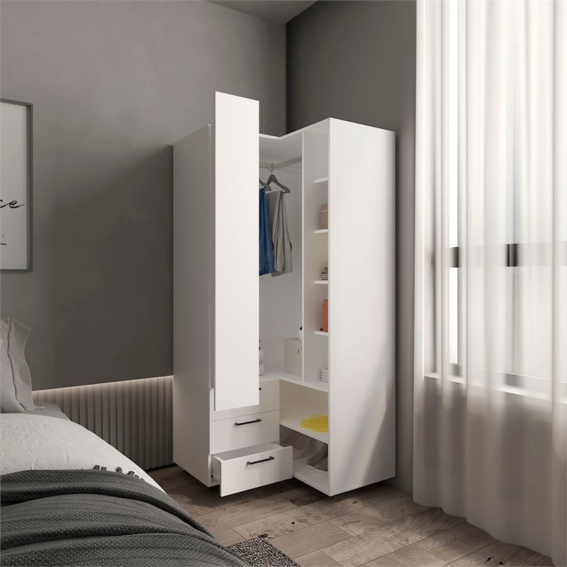 Pemberly Row Corner Wardrobe Armoire with Double Doors in White