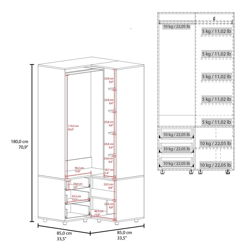 Pemberly Row Corner Wardrobe Armoire with Double Doors in White