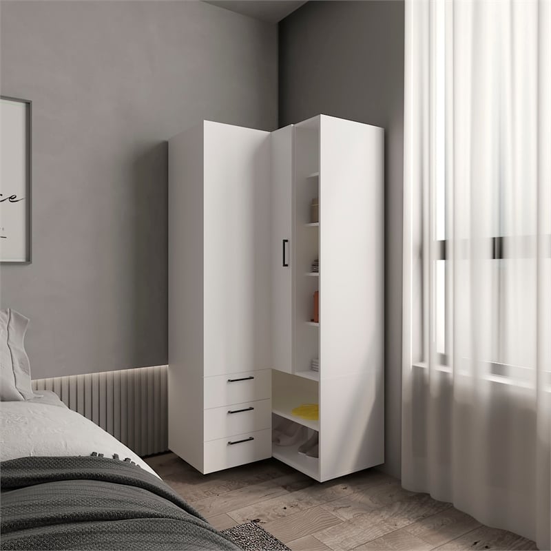 Pemberly Row Corner Wardrobe Armoire with Double Doors in White