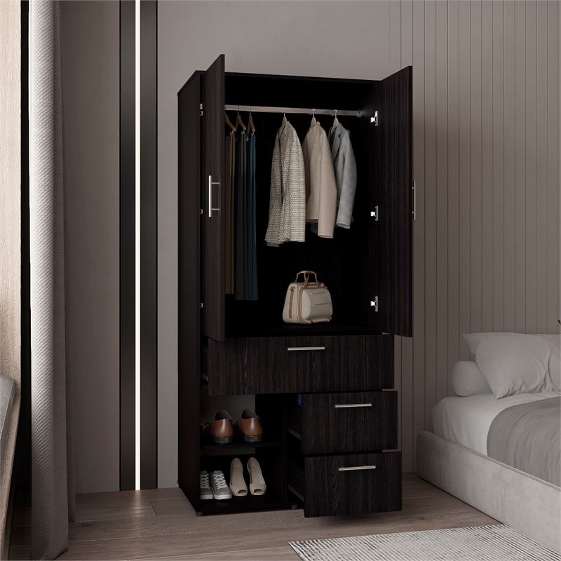 Pemberly Row Tall Double Door Wardrobe Armoire with Hanging Rod in Black