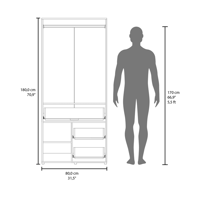 Pemberly Row Tall Double Door Wardrobe Armoire with Hanging Rod in Black