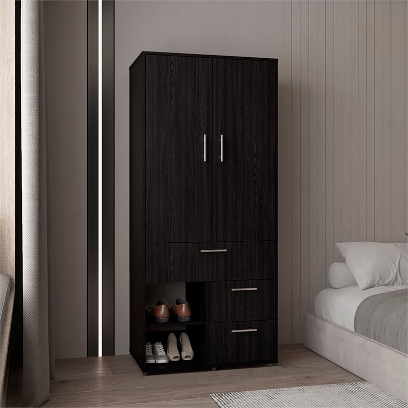 Pemberly Row Tall Double Door Wardrobe Armoire with Hanging Rod in Black