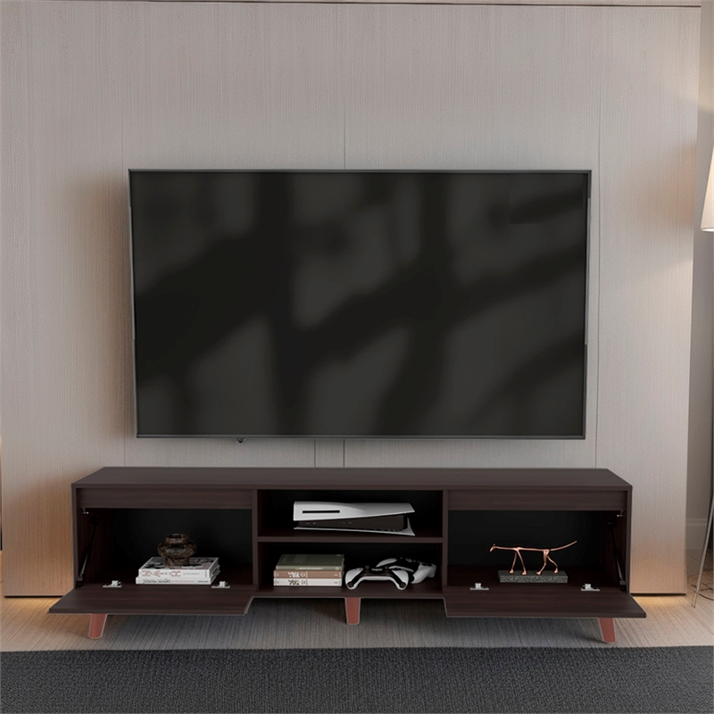 Pemberly Row TV Stand with Open Shelves and Storage in Brown