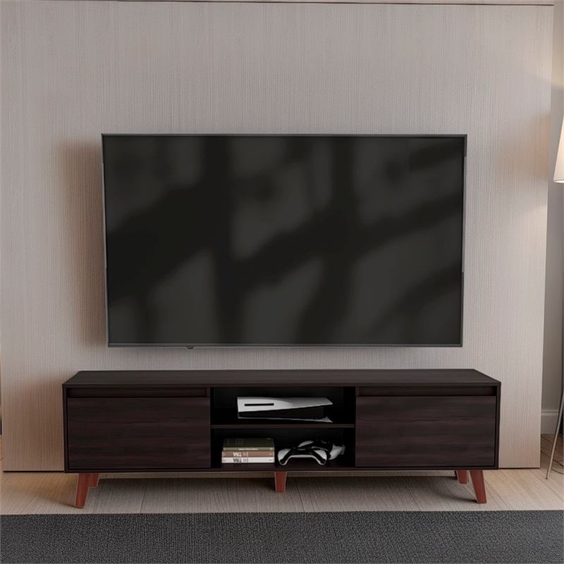 Pemberly Row TV Stand with Open Shelves and Storage in Brown