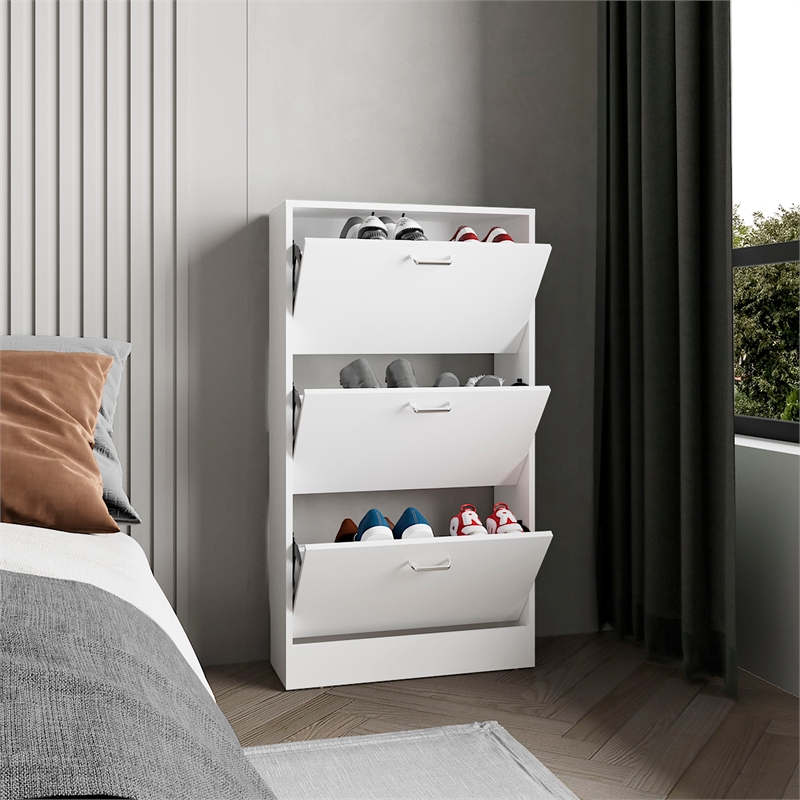 Pemberly Row 3 Tier Pull Down Shoe Cabinet 45in High in White