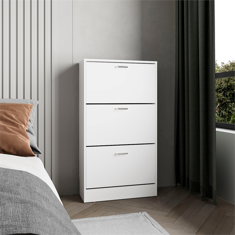 Pemberly Row 3 Tier Pull Down Shoe Cabinet 45in High in White