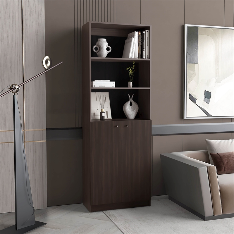 Pemberly Row Two Door Bookcase with 2 Open Shelves in Warm Brown