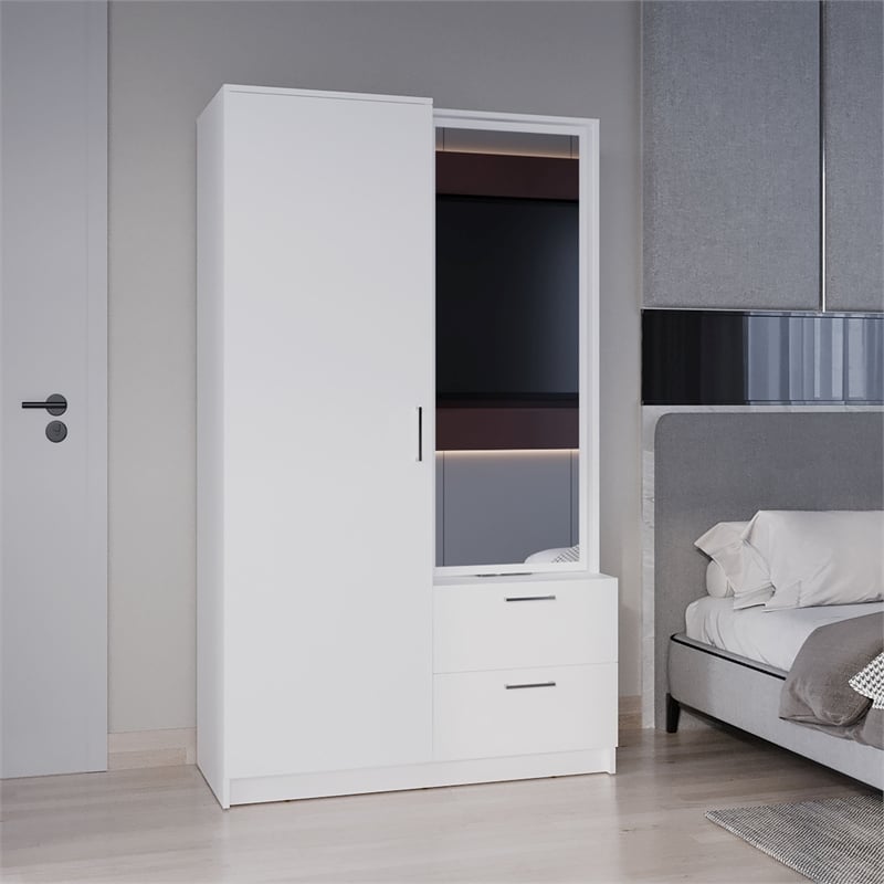 Pemberly Row 71in Mirror One Door Wardrobe Armoire in Bright White