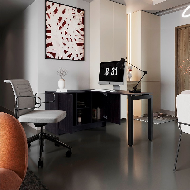 Pemberly Row Rotatable Office Desk with Storage 72in Wide in Black