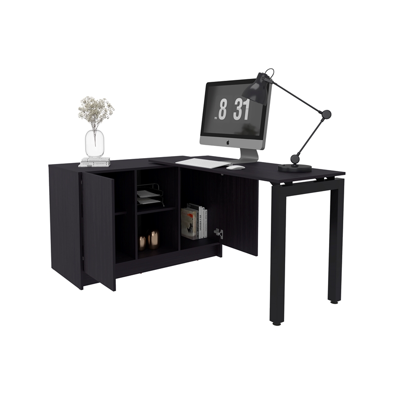 Pemberly Row Rotatable Office Desk with Storage 72in Wide in Black