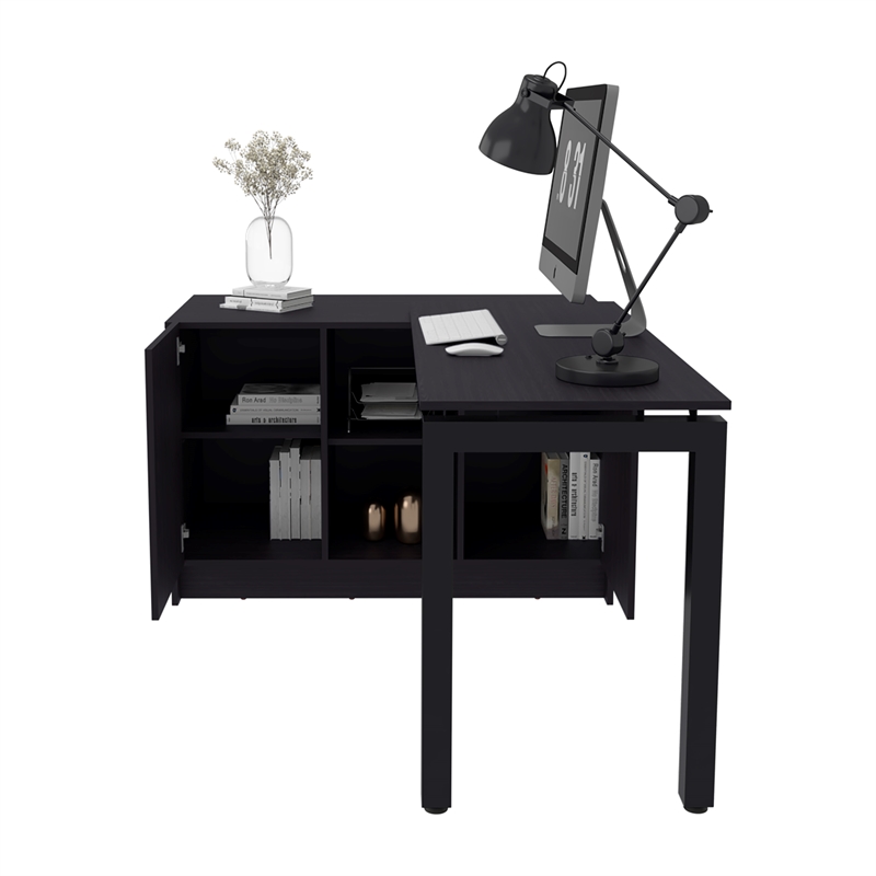 Pemberly Row Rotatable Office Desk with Storage 72in Wide in Black