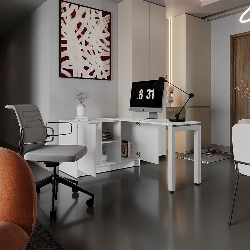 Pemberly Row Rotatable Office Desk with Storage 72in Wide in White