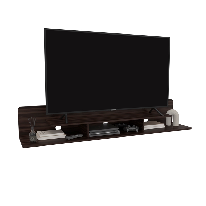 Pemberly Row Floating TV Stand with Open Shelves in Stained Walnut