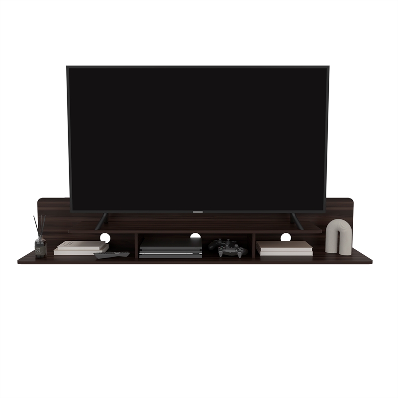 Pemberly Row Floating TV Stand with Open Shelves in Stained Walnut