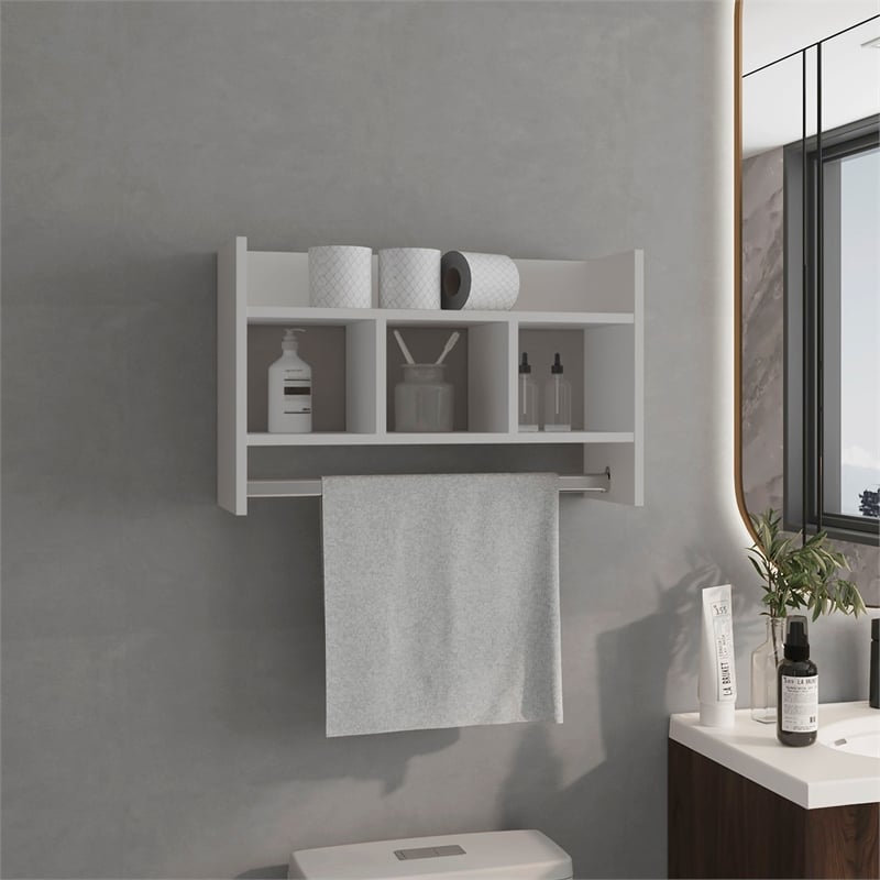 Pemberly Row Bathroom Wall Storage Shelf with Towel Bar in White
