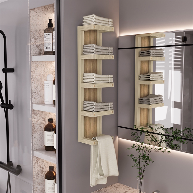 Pemberly Row 5 Tier Wall Mounted Bathroom Towel Rack in Natural Oak