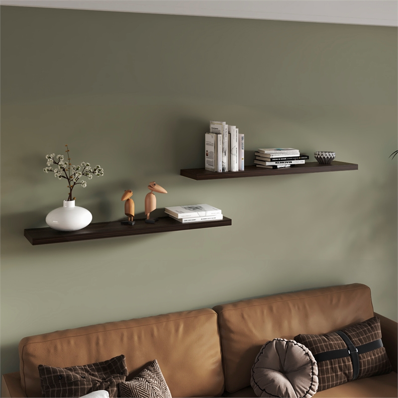 Pemberly Row 47in Modern Floating Wall Shelves Set of 2 in Dark Oak